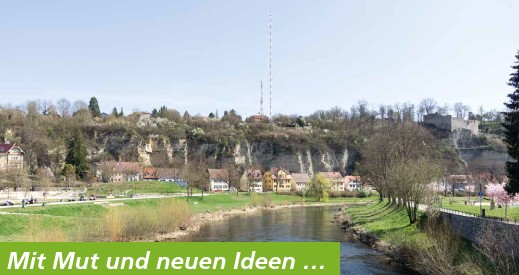 Blick von der Enz zur Burg und zum Sender